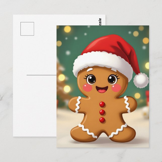 Cute little gingerbread man with Christmas hat Postkarte (Vorne/Hinten)