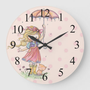Cute Little Girl and Ktty Pink Polkadot Clock Große Wanduhr