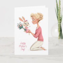 Cute Little Girl Bunny Bringing Mama Flowers Karte
