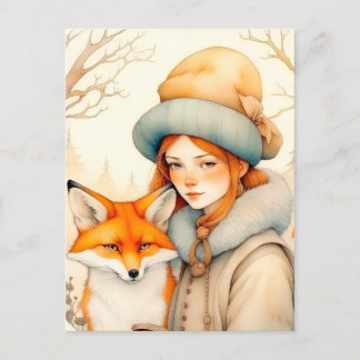 Cute Little Girl With Fox Chritmas  Postkarte