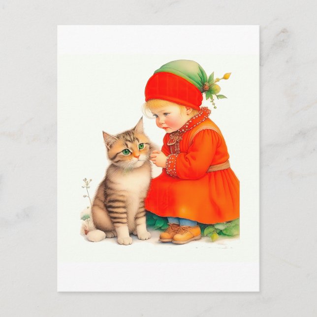Cute Little Girl With Kitten Chritmas  Postkarte (Vorderseite)