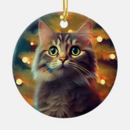 Cute Little Kitten Playing With Christmas Bulb Keramik Ornament