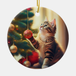 Cute Little Kitten Playing With Christmas Bulb Keramik Ornament