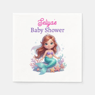 Cute Little Mermaid Baby Shower Water Bottle Label Serviette