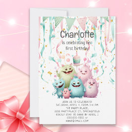 Cute Little Monsters Girl's 1st Birthday Einladung