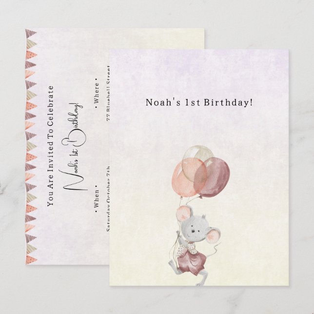 Cute Little Mouse With Pink Balloons Invitation Postkarte (Vorne/Hinten)