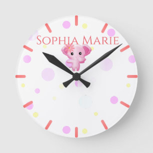 Cute Little Pink Baby Girl Elephant Runde Wanduhr