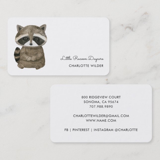 Cute Little Raccoon Daycare Business Card Visitenkarte (Vorne/Hinten)