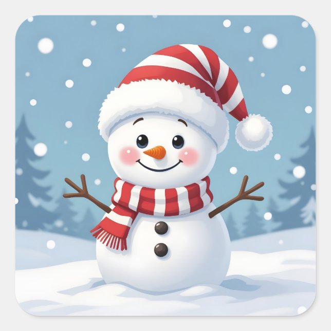 Cute little snowman with scarf & hat quadratischer aufkleber (Vorderseite)