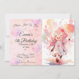 Cute little watercolor girl horizontal birthday einladung