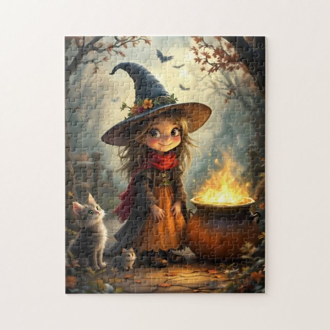 Cute little witch in forest with witch's cauldron puzzle (Vertikal)