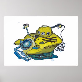 Cute little yellow submarine in blue water poster