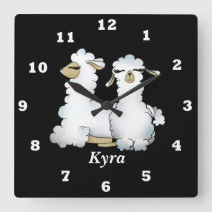 Cute llama add name girls room wall clock quadratische wanduhr