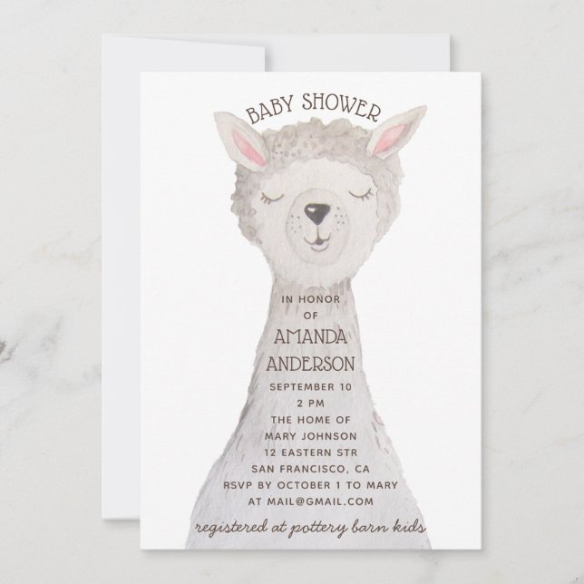 Cute Llama Baby Shower | Neutral Watercolor Alpaca Einladung (Vorderseite)