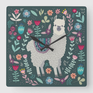 Cute Llama Floral Design Quadratische Wanduhr