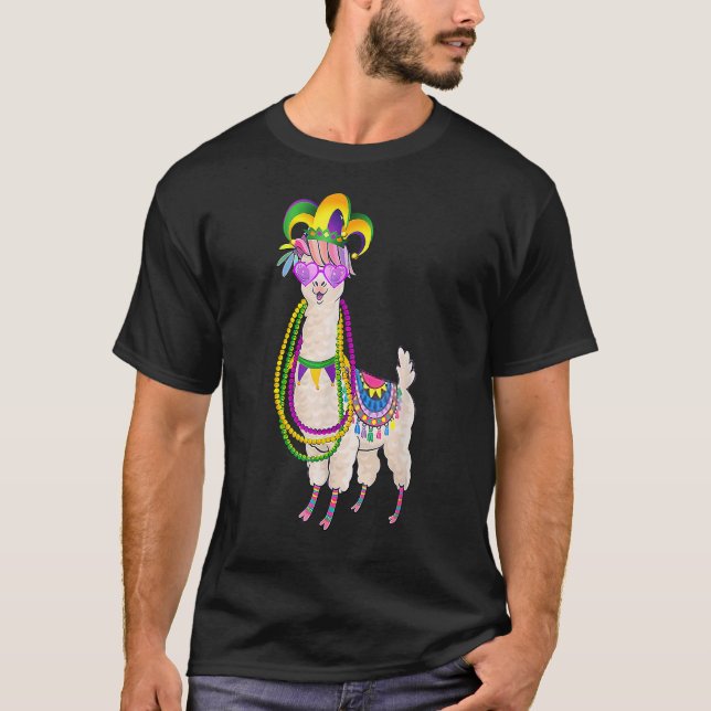 Cute Llama Mardi Gras Beads Mask Carnival Party Me T-Shirt (Vorderseite)