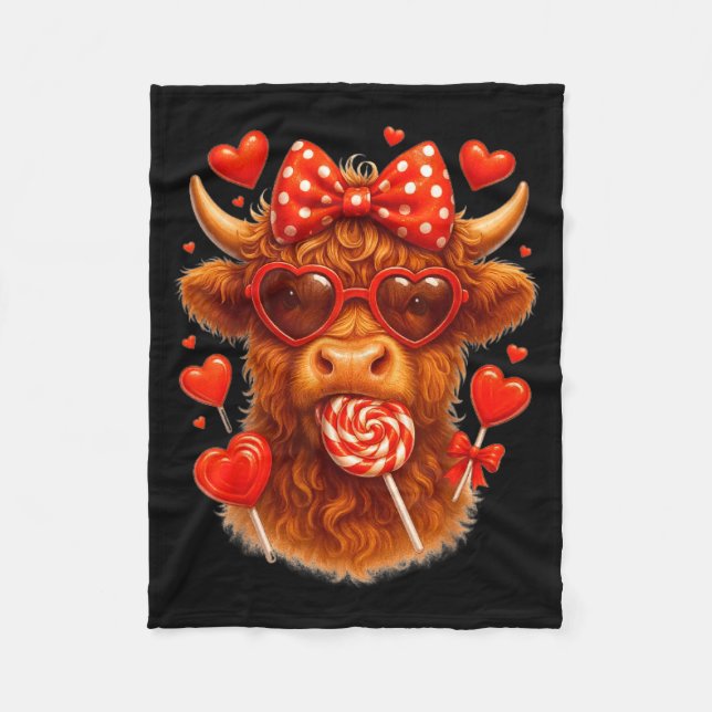 Cute Lollip Highland Cow Valentine's Day Red Heart Fleecedecke (Vorderseite)