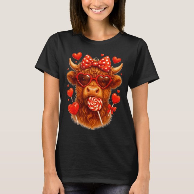 Cute Lollip Highland Cow Valentine's Day Red Heart T-Shirt (Vorderseite)