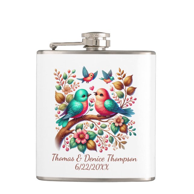 Cute love birds add name date Bride Groom  Flachmann (Vorderseite)