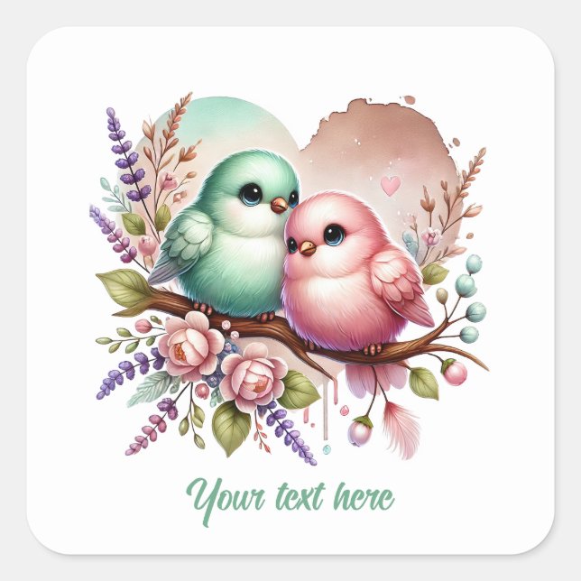 Cute love birds customizable Wedding Quadratischer Aufkleber (Vorderseite)
