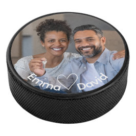 Cute Love Heart Photo Couples Personalized Names Eishockey Puck