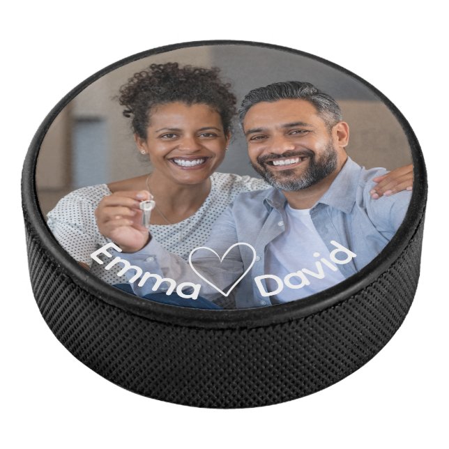 Cute Love Heart Photo Couples Personalized Names Eishockey Puck (3/4)