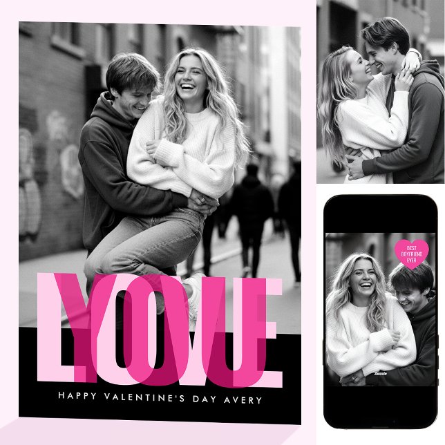 Cute Love You 3 Photos Valentine's Day Black Pink Karte (Von Creator hochgeladen)