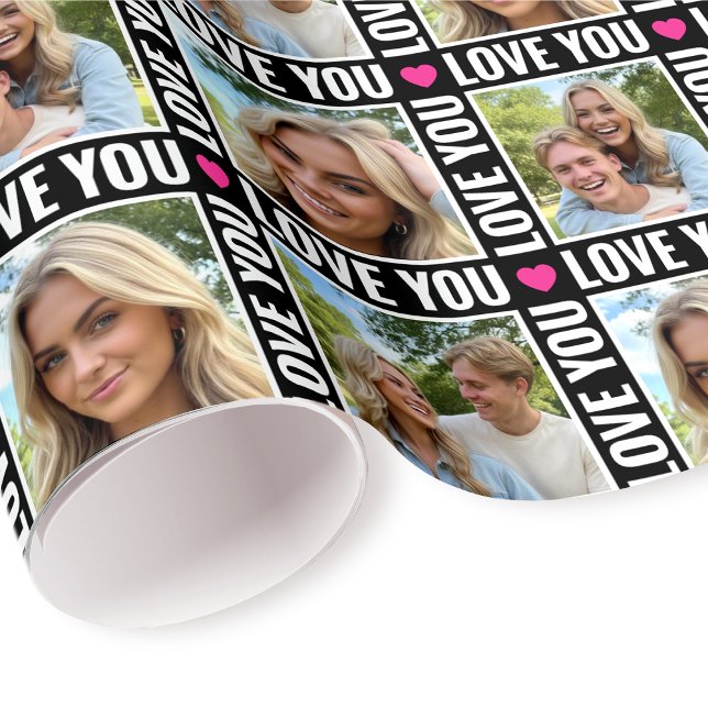 Cute Love You 4 Photo Collage Heart Modern Black Geschenkpapier (Von Creator hochgeladen)