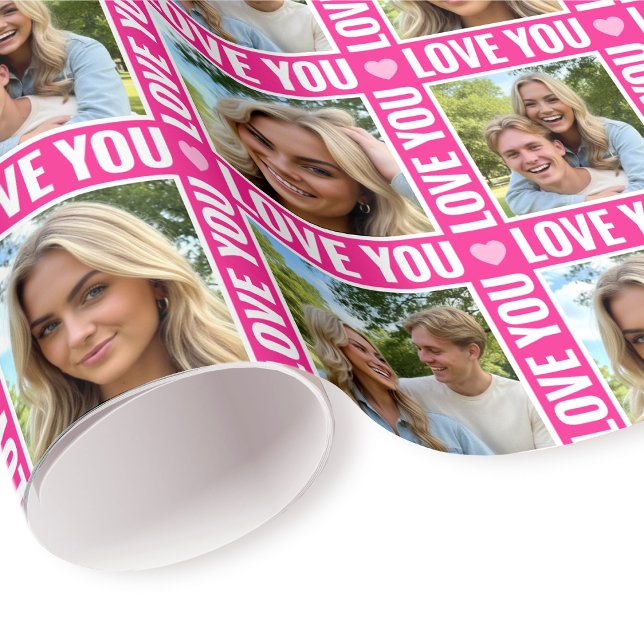 Cute Love You 4 Photo Collage Pink Heart Modern Geschenkpapier (Von Creator hochgeladen)