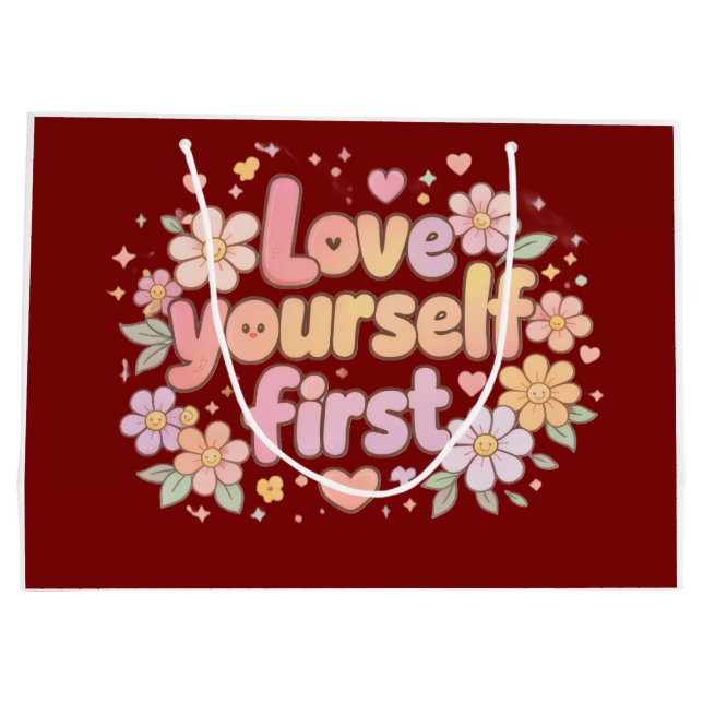 Cute Love Yourself Floral Quote Design | Gift Bag Große Geschenktüte (Rückseite)