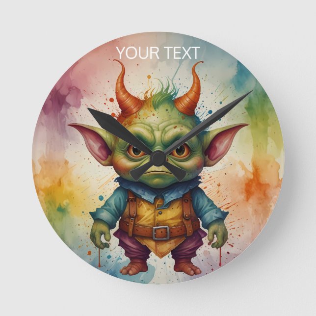 Cute lustige kleine Goblinkreatur lebhafte Farbe Runde Wanduhr (Vorderseite)