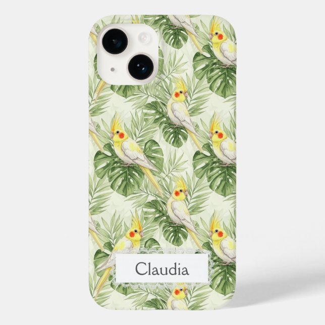 Cute Lutino Cockatiel Tropical Plants Custom   Case-Mate iPhone Hülle (Rückseite)
