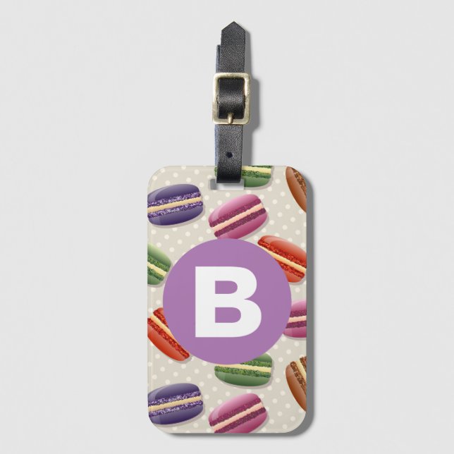 Cute Macaroon Pattern Dotty Purple Monogram Gepäckanhänger (Vorderseite Vertikal)