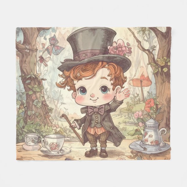 Cute Mad Hatter Whimsical Wonderland Woodland Art Fleecedecke (Vorderseite (Horizontal))
