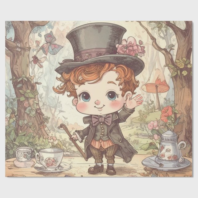 Cute Mad Hatter Whimsical Wonderland Woodland Art Geschenkpapier (Flach)