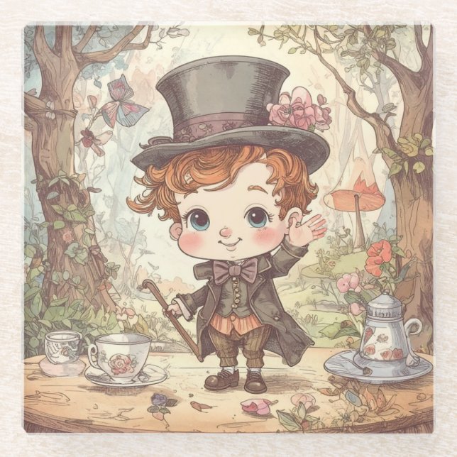 Cute Mad Hatter Whimsical Wonderland Woodland Art Glasuntersetzer (Vorderseite)