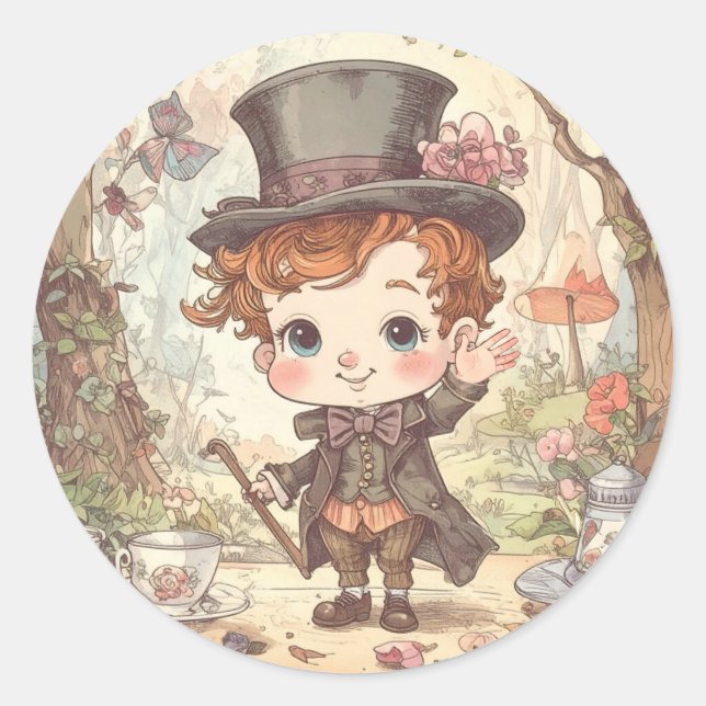 Cute Mad Hatter Whimsical Wonderland Woodland Art Runder Aufkleber (Vorderseite)
