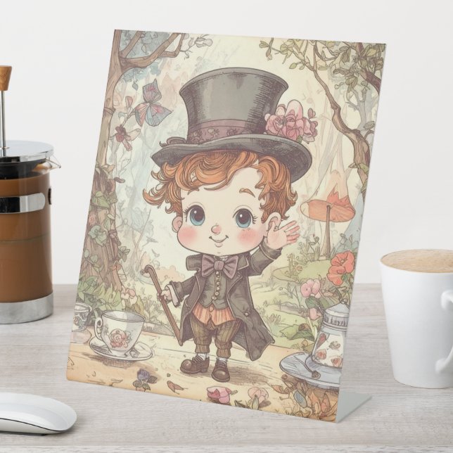 Cute Mad Hatter Whimsical Wonderland Woodland Art Sockelschild (In Situ)