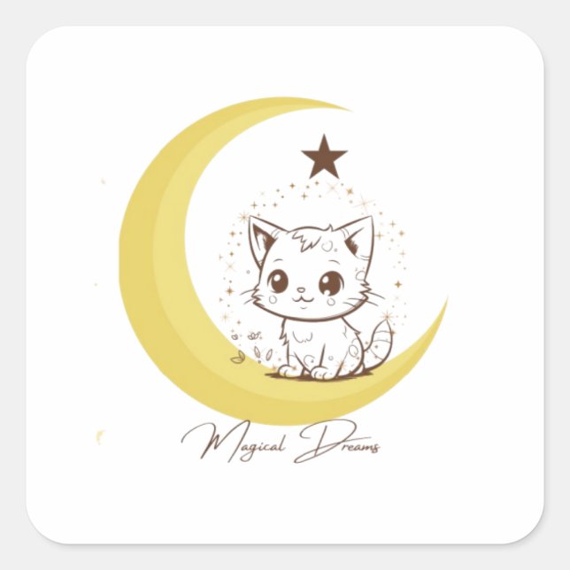 Cute Magical Cat on Moon Starry Dreams - Round Cla Quadratischer Aufkleber (Vorderseite)