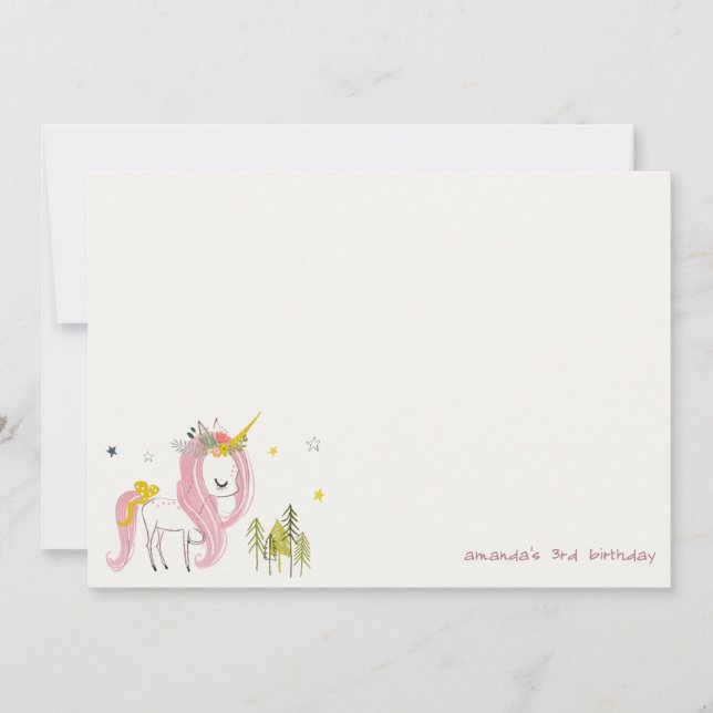 Cute Magical Unicorn Pink Yellow Kids Birthday Mitteilungskarte (Vorderseite)