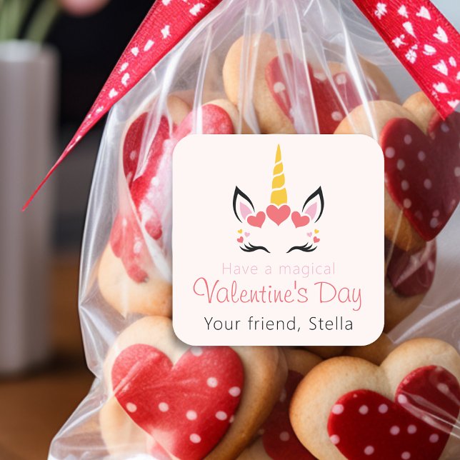 Cute Magical Unicorn Valentine's Day Personalized Quadratischer Aufkleber (Cute Magical Unicorn Valentine's Day Personalized Square Sticker)