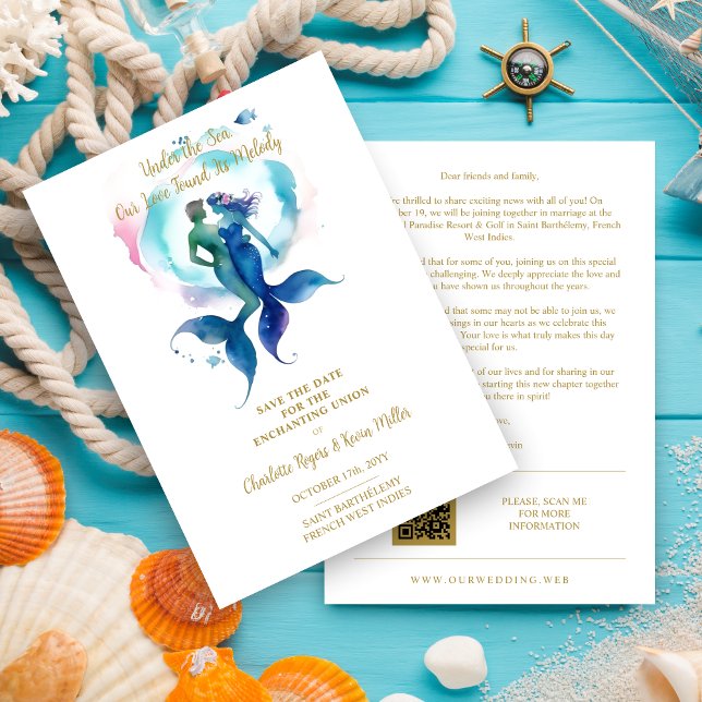 Cute Magical Wedding Mermaid & Triton Romantic Save The Date (Cute Magical Union Mermaid & Triton Romantic Save the Date Card with Envelope.)