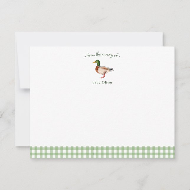 Cute Mallard  Gingham Border Baby Thank You card Dankeskarte (Vorderseite)