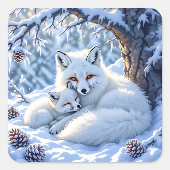 Cute Mama and Baby White Foxes in the Snow Quadratischer Aufkleber (Vorderseite)