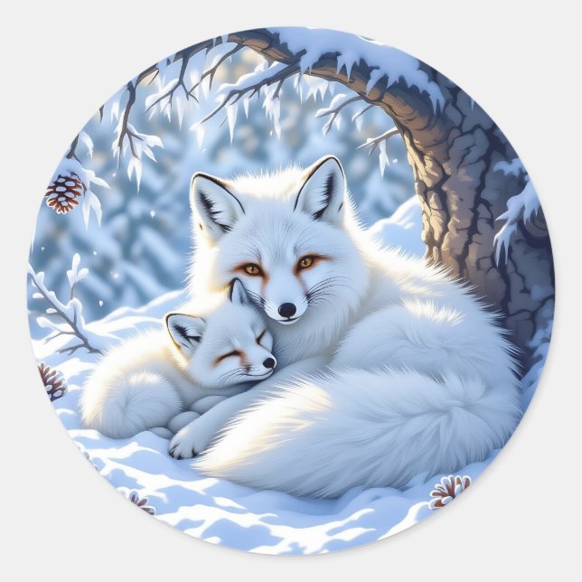 Cute Mama and Baby White Foxes in the Snow Runder Aufkleber (Vorderseite)
