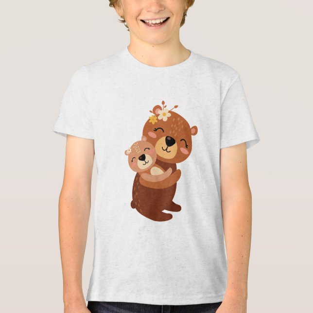 Cute Mama Bear Hugging Baby Cub Illustration Tri-Blend Shirt (Vorderseite)