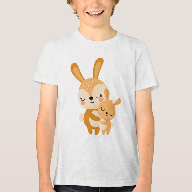 Cute Mama Bunny Hugging Baby Bunny Illustration Tri-Blend Shirt (Vorderseite)