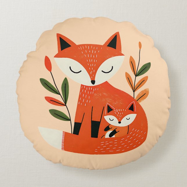Cute Mama Fox& Baby Cub Whimsical Woodland Nursery Rundes Kissen (Vorderseite)