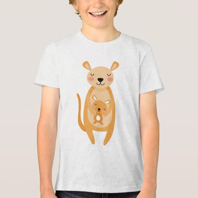 Cute Mama Kangaroo Hugging Baby Joey Illustration Tri-Blend Shirt (Vorderseite)