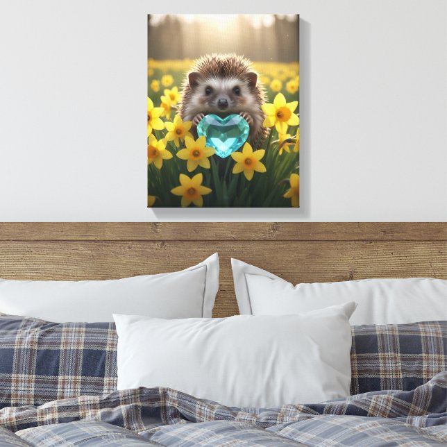 Cute March Hedgehog with Aquamarine Heart Leinwanddruck (Insitu (Schlafzimmer))